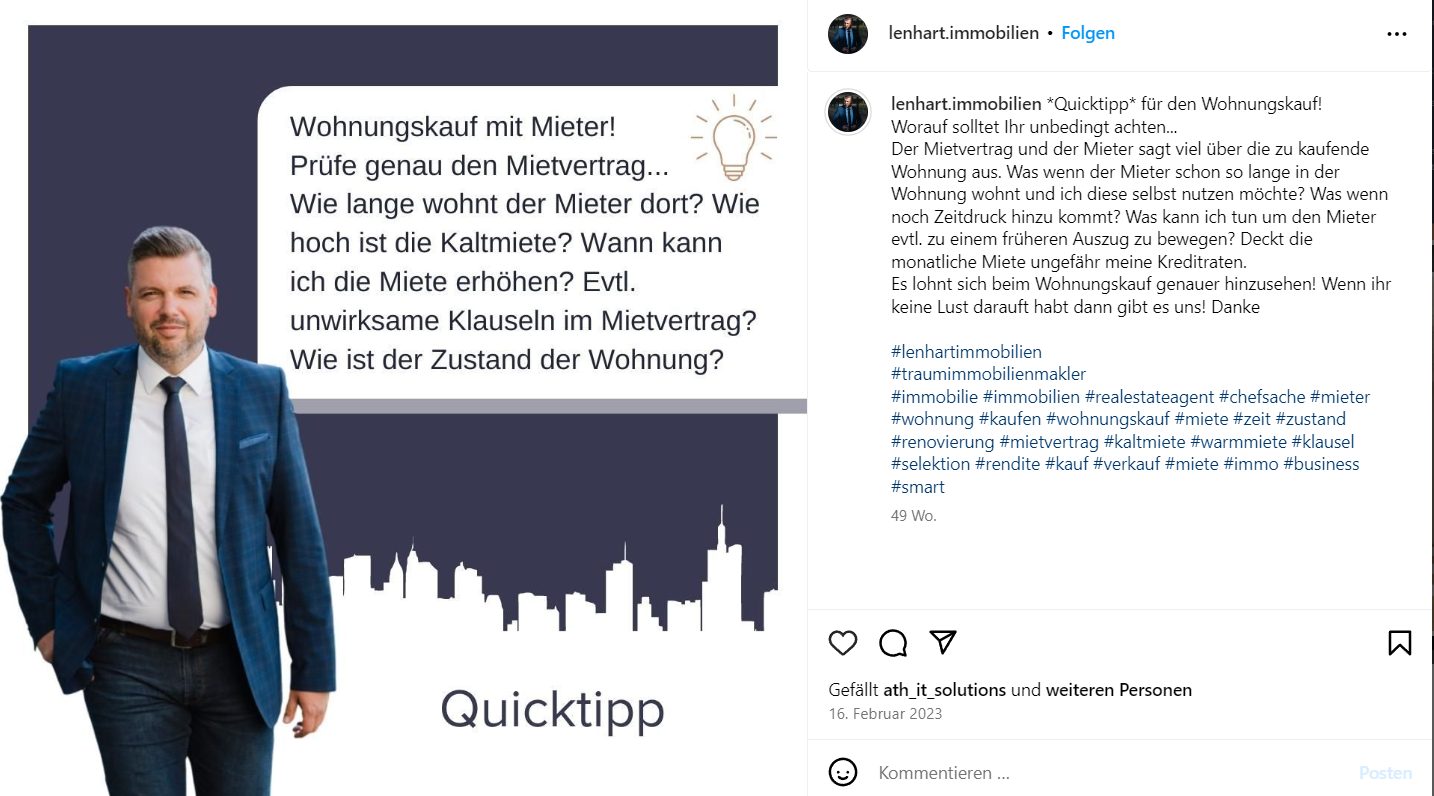 Ein Instagram-Post von einem Immobilienmakler, auf dem der Immobilienmakler selbst, sowie eine Sprechblase mit einem Quick-Tipp zu sehen ist.