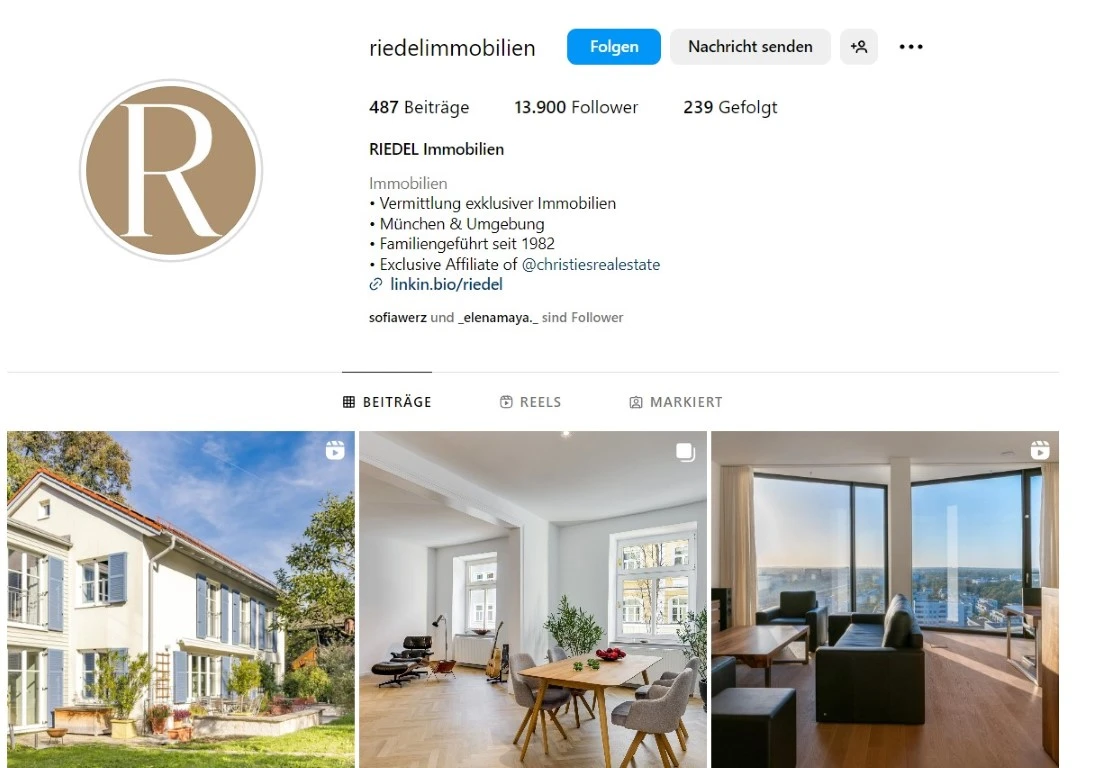 Ein Instagram-Account der Firma riedelimmobilien. Es sind ästhetische Posts von Objekten zu sehen.